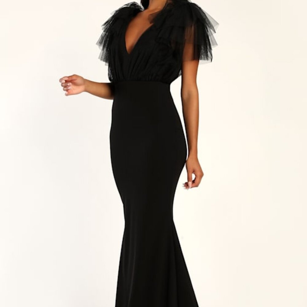 Lulus Fabulous Fun Black Tulle Flutter Sleeve Mermaid Maxi Dress - Size L
